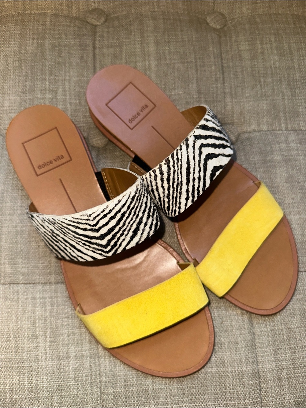 Dolce Vita Yellow and Zebra-Print Slide Sandals